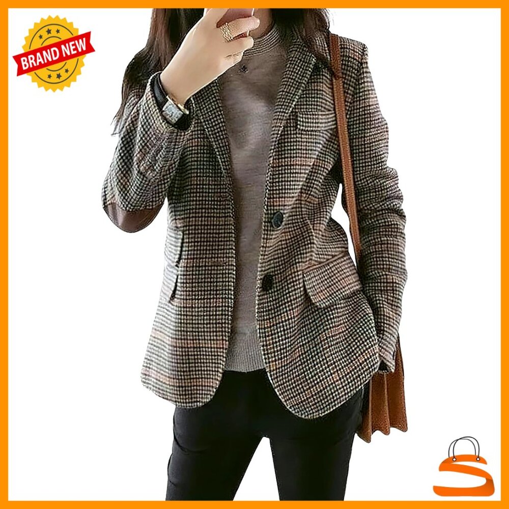 Wool Plaid Blazer Notched Lapel Slim Fit Vintage Chic Office Wear